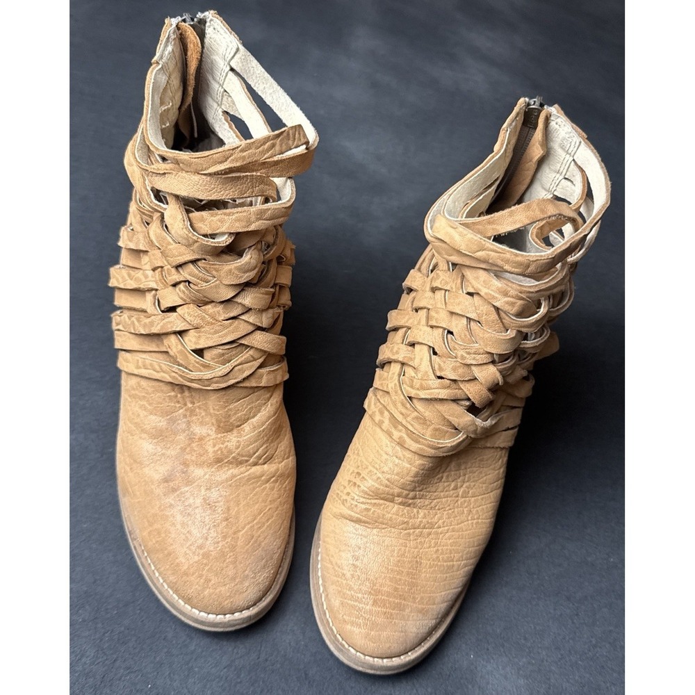 Free People Carrera Bootie Woven Ankle Boots Vintage Tan Leather Size 38 US 7.5